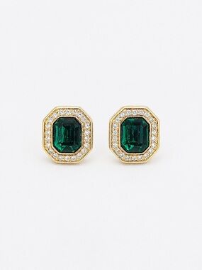 Vintage Swarovski Signed SAL Emerald Green Crystal Halo Stud Gold Tone Earrings
